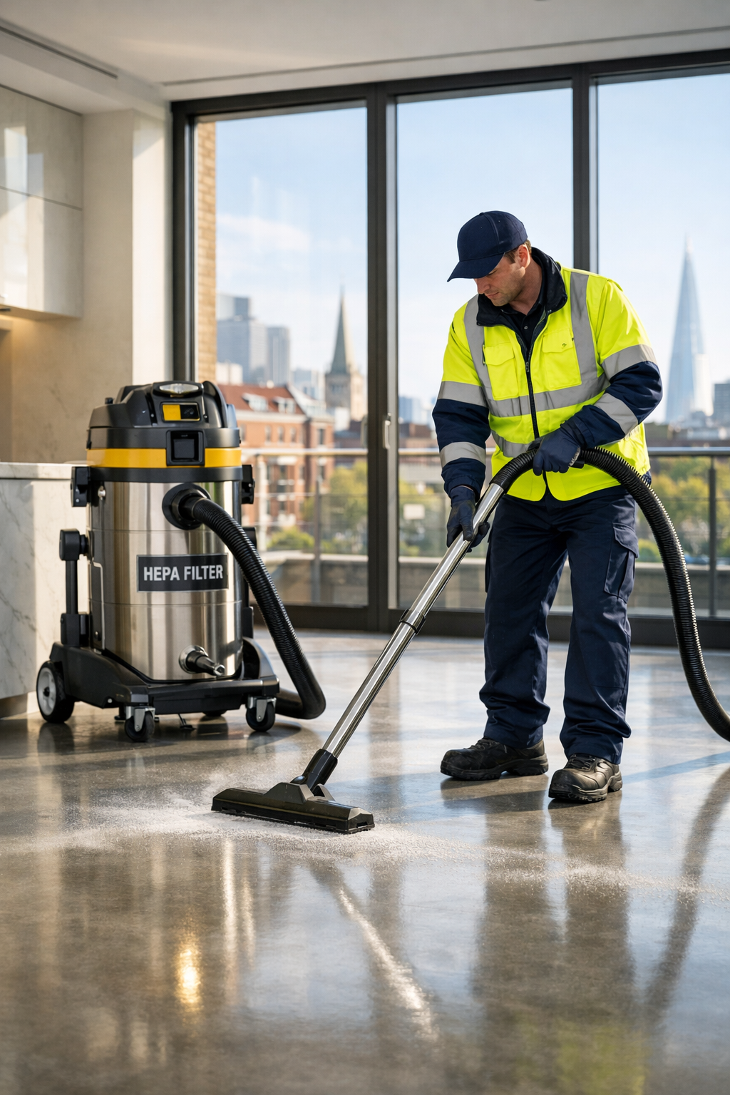 Professional post-construction deep clean using industrial dust extraction in a modern London flat